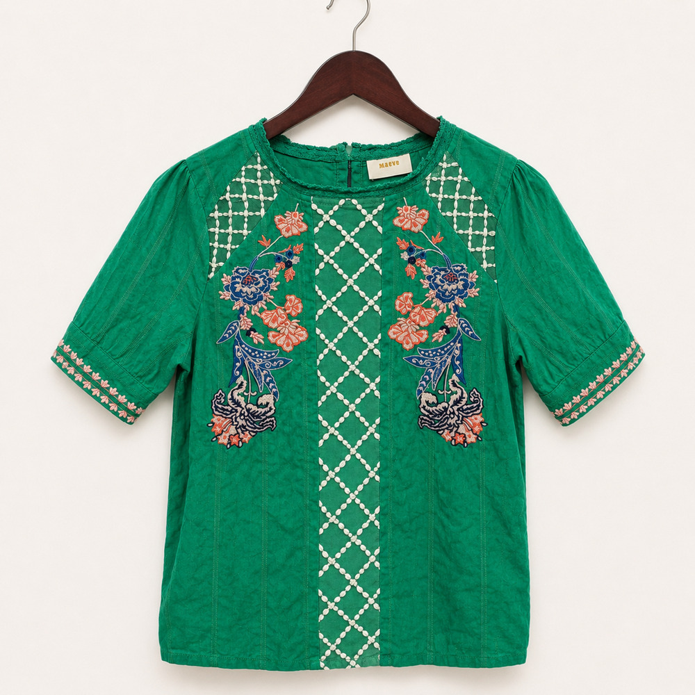 Maeve Perennial Green Embroidered Peasant Blouse Folk Boho Top Size 4